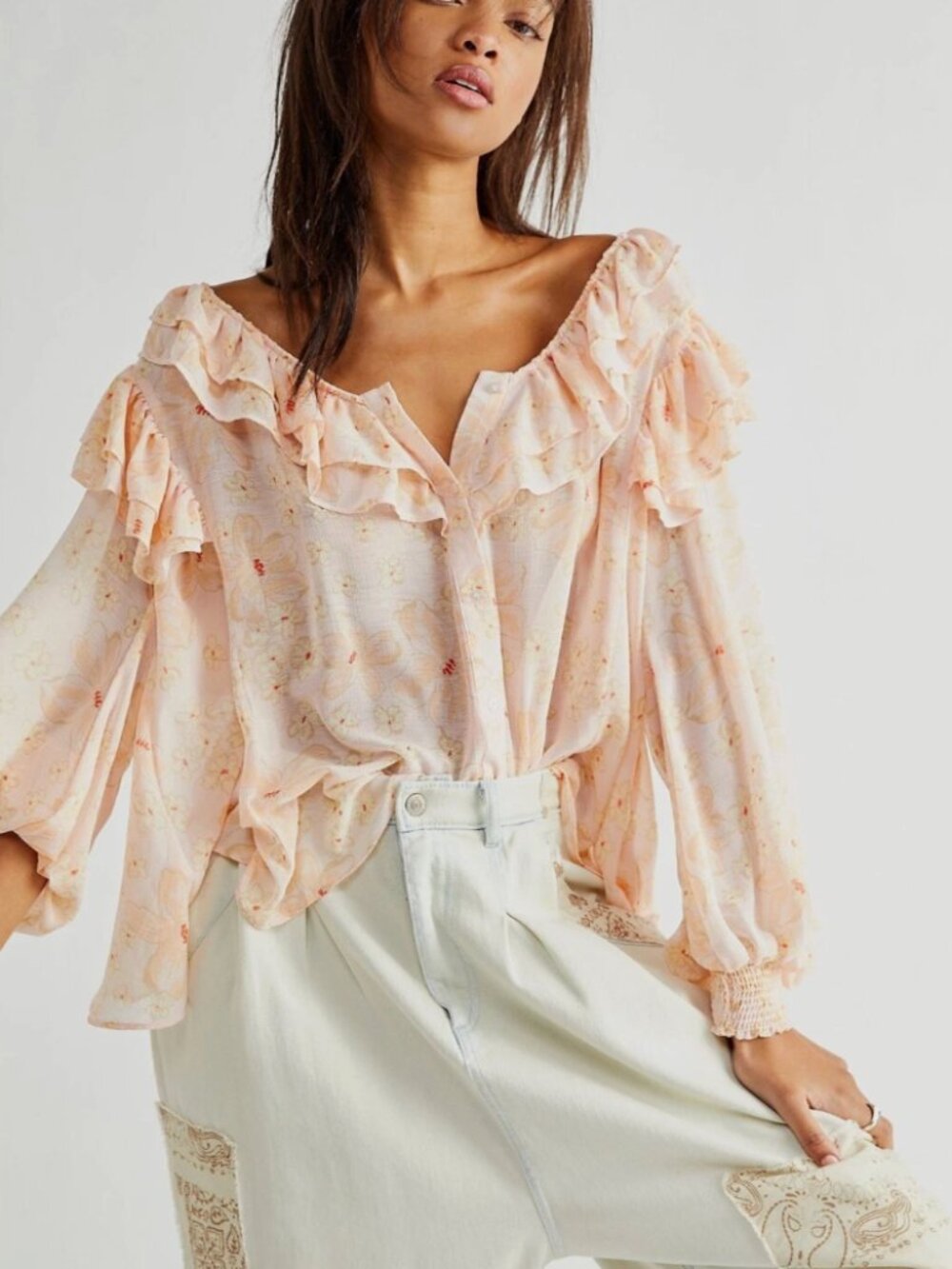 Free People Cherry Blossom Peach Pink Sheer Ruffle Peasant Boho Blouse Womens XS